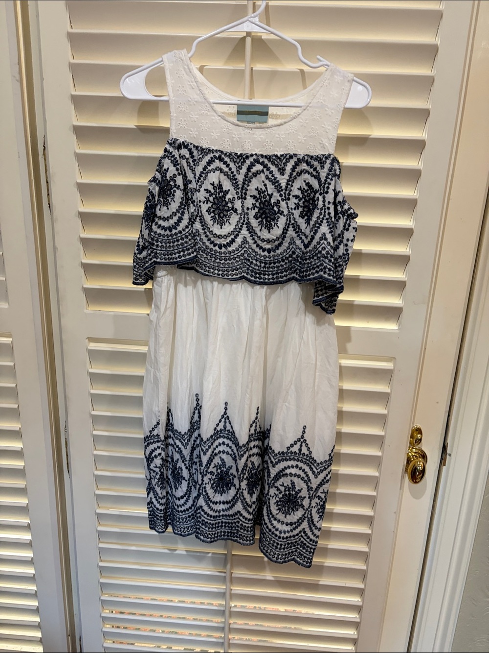 Skies Are Blue Dress with Navy Embroidered Overlay.Size Medium
